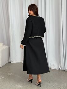 GalTyme Setelan Elegan 2 Potong Wanita Ukuran Plus dengan Trim Webbing, Jaket Depan Terbuka dan Gaun Tanpa Lengan untuk Musim Gugur - Hitam - View 2