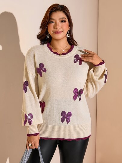 SHEIN LUNE Büyük Beden Kadın Fiyonklu Payetli Düşük Omuzlu Uzun Kollu Günlük Şirin Peri Tarzı Pullover Kazak, Sonbahar Tatil Mezuniyet Mor