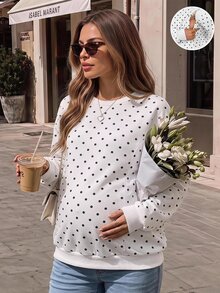 SHEIN 孕婦白色印花落肩長袖哺乳衛衣，居家外出穿著，產後秋季休閒基本款寬鬆版 - 白色 - 查看 3