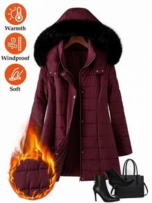 SHEIN Clasi Plus Size Women's Solid Color Casual Versatile Winter Hooded Padded Coat - Burgundy - View 1