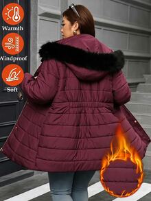 SHEIN Clasi Plus Size Women's Solid Color Casual Versatile Winter Hooded Padded Coat - Burgundy - View 2