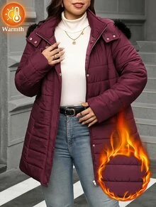 SHEIN Clasi Plus Size Women's Solid Color Casual Versatile Winter Hooded Padded Coat - Burgundy - View 8