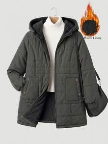 SHEIN LUNE 大尺碼女款純色長袖拉鍊連帽冬季外套，灰色，適合度假、外出、正式、休閒，時尚俐落寬鬆款 - 綠色 - 查看 11
