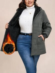 SHEIN LUNE 大尺碼女款純色長袖拉鍊連帽冬季外套，灰色，適合度假、外出、正式、休閒，時尚俐落寬鬆款 - 綠色 - 查看 12
