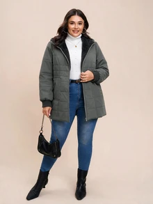 SHEIN LUNE 大尺碼女款純色長袖拉鍊連帽冬季外套，灰色，適合度假、外出、正式、休閒，時尚俐落寬鬆款 - 綠色 - 查看 6