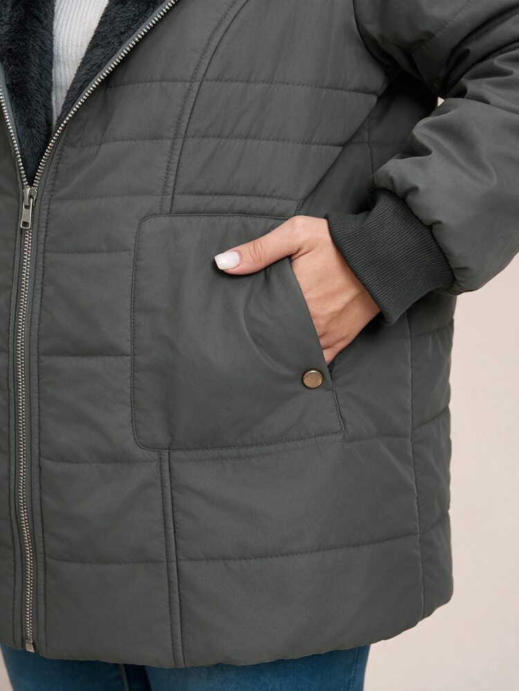 SHEIN LUNE Plus Size Women's Solid Color Long Sleeve Zip-Up Hooded Winter Jacket Holiday Going Out Formal Grey Casual Stylish Smart Baggy - Green - View 5