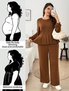 Easowa Curve Plus Size Women 2 Pieces Set Autumn/Winter Soft Comfortable Ribbed Long Sleeve Crew Neck Top And Long Pants Casual Loungewear Fall - Mocha Brown - View 3