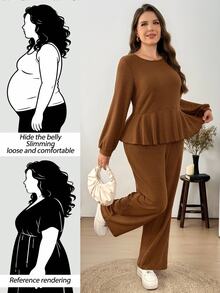 Easowa Curve Plus Size Women 2 Pieces Set Autumn/Winter Soft Comfortable Ribbed Long Sleeve Crew Neck Top And Long Pants Casual Loungewear Fall - Mocha Brown - View 4