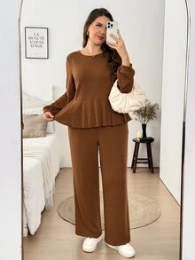 Easowa Curve Plus Size Women 2 Pieces Set Autumn/Winter Soft Comfortable Ribbed Long Sleeve Crew Neck Top And Long Pants Casual Loungewear Fall - Mocha Brown - View 2