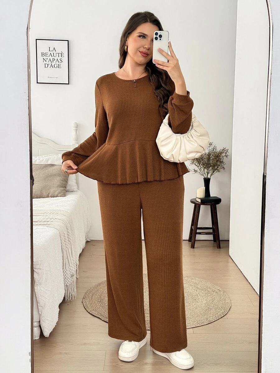 Easowa Curve Plus Size Women 2 Pieces Set Autumn/Winter Soft Comfortable Ribbed Long Sleeve Crew Neck Top And Long Pants Casual Loungewear Fall