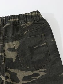 SHEIN 女童牛仔寬腿長褲，迷彩深灰色高腰直筒寬鬆版型，適合秋季，Y2K街頭時尚，校園度假風 - 軍綠色 - 查看 7