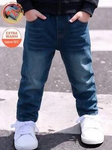 SHEIN Young Boys' Baby Blue Baby Slim-Fit Cotton Jeans Pants, Stylish, Casual, And Lightly Fleece-Lined Suitable For Spring, Summer,Autumn,Fall,And Winter - Dark Wash - View 8