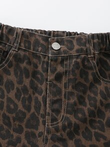 SHEIN 女童牛仔寬腿褲，深棕色豹紋布料，高腰直筒寬腿版型，四季皆宜，街頭休閒美式復古風，可搭配素色短版上衣或針織衫，適合日常通勤、購物、拍照，鬆緊腰設計方便穿脫，INS博主風格 - 咖啡棕 - 查看 4