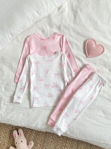 2套女嬰針織舒適柔軟高彈性可愛粉色愛心蝴蝶結滿版印花居家服貼身款家庭粉色花卉秋季套裝 - 彩色 - 查看 4