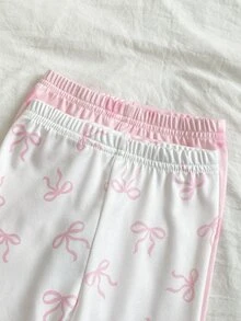 2套女嬰針織舒適柔軟高彈性可愛粉色愛心蝴蝶結滿版印花居家服貼身款家庭粉色花卉秋季套裝 - 彩色 - 查看 9