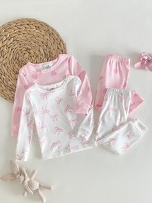 2套女嬰針織舒適柔軟高彈性可愛粉色愛心蝴蝶結滿版印花居家服貼身款家庭粉色花卉秋季套裝 - 彩色 - 查看 2