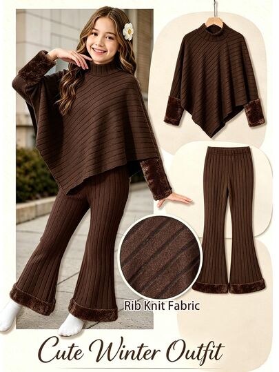 SHEIN Elladie kids طقم تي شيرت كاجوال للفتيات المراهقات للربيع/الخريف/الشتاء، مصمم بأسلوب غير متماثل بياقة عالية محبوكة ومضلعة من قماش ناعم بلون كاكي موحد، تي شيرت بأكمام طويلة مع بنطال كاجوال واسع الساق بلون كاكي، طقم من قطعتين مناسب لموسم العودة إلى المدرسة في الربيع/الخريف/الشتاء، إطلالة أنيقة وبسيطة وفاخرة للتنقل اليومي والمدرسة والخروجات والعطلات والحفلات