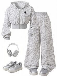 SHEIN 青少年女孩 2件套 白色短版拉鍊連帽外套 寬腿長褲 運動休閒套裝 酷女孩秋季學生校園運動穿搭 - 灰色 - 查看 4