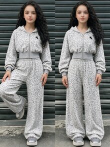 SHEIN 青少年女孩 2件套 白色短版拉鍊連帽外套 寬腿長褲 運動休閒套裝 酷女孩秋季學生校園運動穿搭 - 灰色 - 查看 3