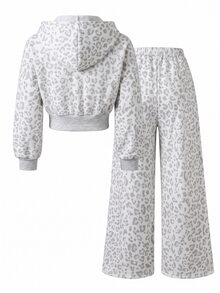 SHEIN 青少年女孩 2件套 白色短版拉鍊連帽外套 寬腿長褲 運動休閒套裝 酷女孩秋季學生校園運動穿搭 - 灰色 - 查看 2
