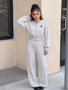 SHEIN 青少年女孩 2件套 白色短版拉鍊連帽外套 寬腿長褲 運動休閒套裝 酷女孩秋季學生校園運動穿搭 - 灰色 - 查看 8