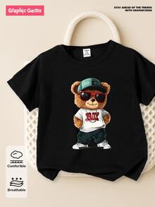 Baby Boy Casual Minimalist Fun & Cute Round Neck Short Sleeve Top - Black - View 6