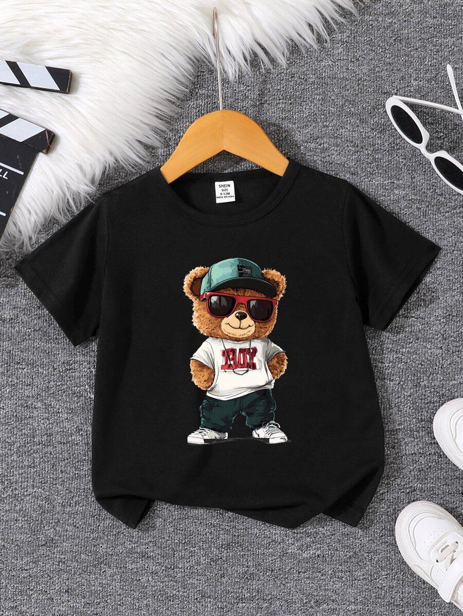 Baby Boy Casual Minimalist Fun & Cute Round Neck Short Sleeve Top - Black - View 1