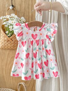 SHEIN Vintaside Kids 2026夏季新款女童彩色愛心與花朵荷葉袖洋裝，嬰兒女童寬鬆A字娃娃裙，清新滿版愛心與花朵印花圓領公主裙，適合外出與拍照的百搭夏季穿搭 - 粉色 - 查看 6