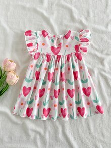 SHEIN Vintaside Kids 2026夏季新款女童彩色愛心與花朵荷葉袖洋裝，嬰兒女童寬鬆A字娃娃裙，清新滿版愛心與花朵印花圓領公主裙，適合外出與拍照的百搭夏季穿搭 - 粉色 - 查看 2