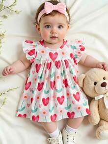 SHEIN Vintaside Kids 2026夏季新款女童彩色愛心與花朵荷葉袖洋裝，嬰兒女童寬鬆A字娃娃裙，清新滿版愛心與花朵印花圓領公主裙，適合外出與拍照的百搭夏季穿搭 - 粉色 - 查看 7
