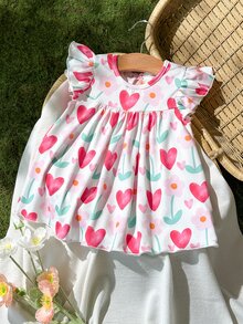 SHEIN Vintaside Kids 2026夏季新款女童彩色愛心與花朵荷葉袖洋裝，嬰兒女童寬鬆A字娃娃裙，清新滿版愛心與花朵印花圓領公主裙，適合外出與拍照的百搭夏季穿搭 - 粉色 - 查看 5
