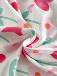 SHEIN Vintaside Kids 2026夏季新款女童彩色愛心與花朵荷葉袖洋裝，嬰兒女童寬鬆A字娃娃裙，清新滿版愛心與花朵印花圓領公主裙，適合外出與拍照的百搭夏季穿搭 - 粉色 - 查看 11