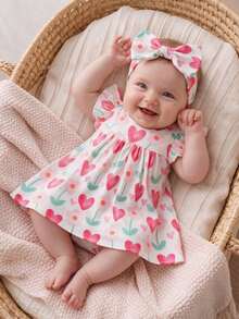 SHEIN Vintaside Kids 2026夏季新款女童彩色愛心與花朵荷葉袖洋裝，嬰兒女童寬鬆A字娃娃裙，清新滿版愛心與花朵印花圓領公主裙，適合外出與拍照的百搭夏季穿搭 - 粉色 - 查看 3