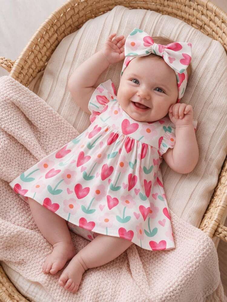 SHEIN Vintaside Kids 2026 Summer New Girls' Colorful Heart & Flower Flutter Sleeve Dress, Baby Girl Loose A-Line Doll Dress, Fresh All-Over Heart & Flower Print Round Neck Princess Dress, Versatile Summer Outfit For Outings And Photos - Pink - View 3