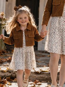 SHEIN 2pcs Toddler Girls Corduroy Jacket Dress Sweet Vintage Cute Fairy Baby Brown White Floral Ditsy Tiered Long Sleeve Lapel Regular Photoshoot Autumn - Khaki - View 4
