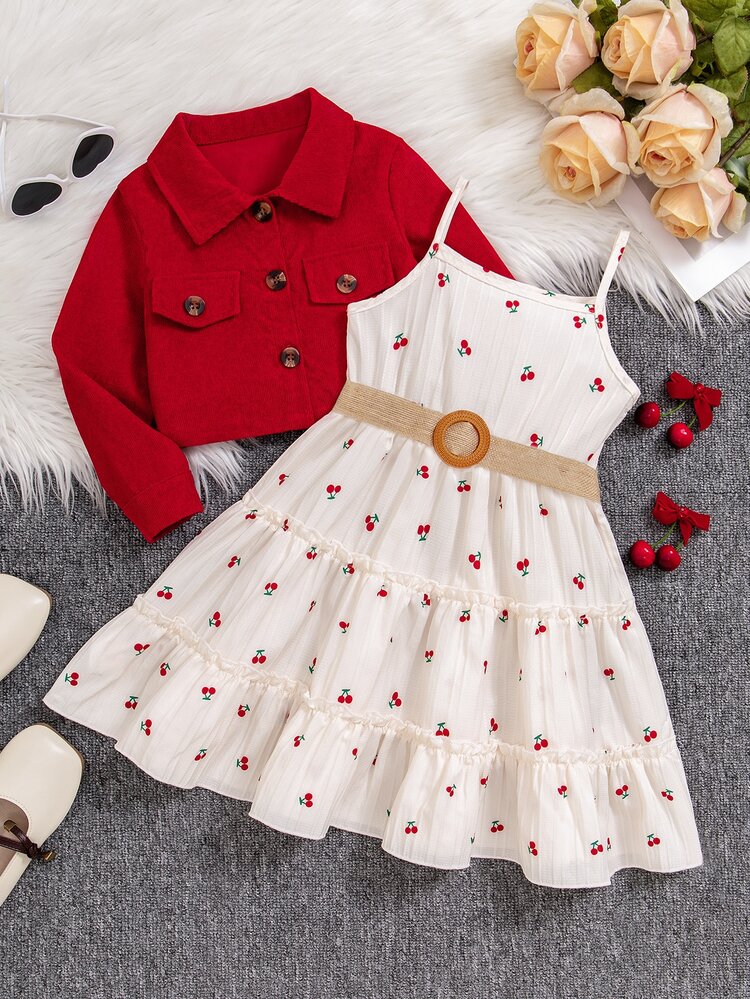 SHEIN Young Girls Outerwear Co-Ords, Elegant , Autumn Sleeve Jacket Elastic Waist A-Line Tiered Cherry Print Cami Dress Birthday Purple - Burgundy - View 5