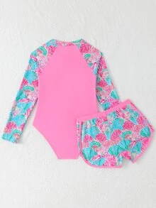 SHEIN 少女吊带比基尼泳衣，粉色贝壳印花针织拉链两件套，适合青少年穿着，款式保守，适合游泳、海滩、泳池和夏季假期。 - 粉色 - 查看 3