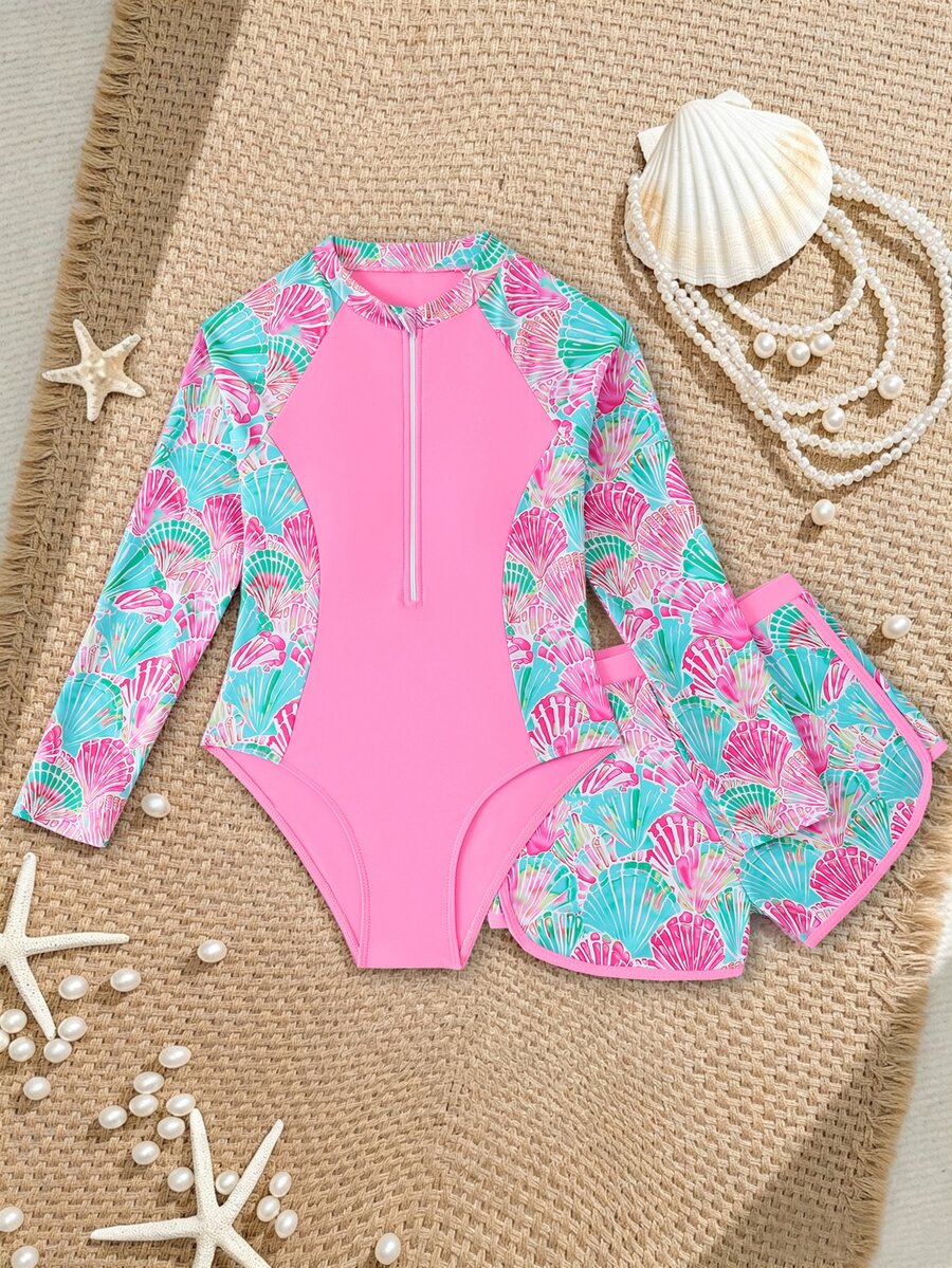 SHEIN 少女吊带比基尼泳衣，粉色贝壳印花针织拉链两件套，适合青少年穿着，款式保守，适合游泳、海滩、泳池和夏季假期。