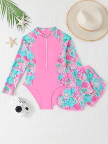 SHEIN 少女吊带比基尼泳衣，粉色贝壳印花针织拉链两件套，适合青少年穿着，款式保守，适合游泳、海滩、泳池和夏季假期。 - 粉色 - 查看 5