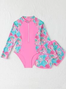 SHEIN 少女吊带比基尼泳衣，粉色贝壳印花针织拉链两件套，适合青少年穿着，款式保守，适合游泳、海滩、泳池和夏季假期。 - 粉色 - 查看 8
