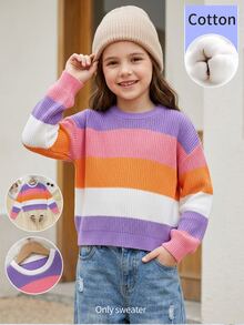 SHEIN Reset Phase 1件女童彩色條紋套頭針織毛衣，圓領落肩長袖上衣，春秋冬季對比色寬鬆時尚青少年女孩服飾，可搭配裙子或長褲，適合學校、派對、旅行、度假、日常穿著、休閒，百搭內搭/外穿層 - 彩色 - 查看 7