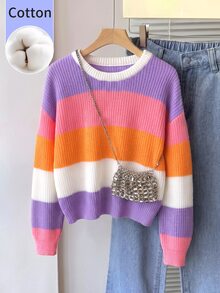 SHEIN Reset Phase 1件女童彩色條紋套頭針織毛衣，圓領落肩長袖上衣，春秋冬季對比色寬鬆時尚青少年女孩服飾，可搭配裙子或長褲，適合學校、派對、旅行、度假、日常穿著、休閒，百搭內搭/外穿層 - 彩色 - 查看 6
