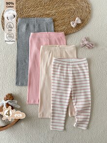 SHEIN 幼女秋季 4 件組羅紋打底褲套裝，純色與條紋高腰彈性柔軟棉質長褲 - 彩色 - 查看 7