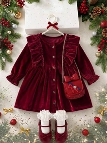 SHEIN 1pc Baby Girl Dress, Spring/Autumn Mori Style Embroidered Casual Dress For Toddlers - Burgundy - View 6