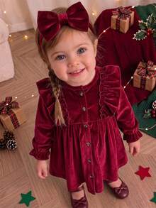 SHEIN 1pc Baby Girl Dress, Spring/Autumn Mori Style Embroidered Casual Dress For Toddlers - Burgundy - View 4