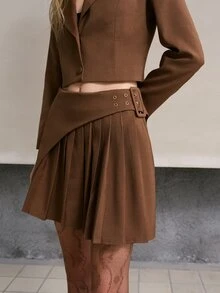 MOTF PREMIUM WOMEN'S SOLID COLOR PATCHWORK PLEATED HEM BUCKLE WAIST SKIRT WORK OFFICE SHADES OF BROWN ELEGANT - Brown - View 5