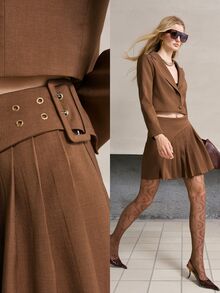 MOTF PREMIUM WOMEN'S SOLID COLOR PATCHWORK PLEATED HEM BUCKLE WAIST SKIRT WORK OFFICE SHADES OF BROWN ELEGANT - Brown - View 1