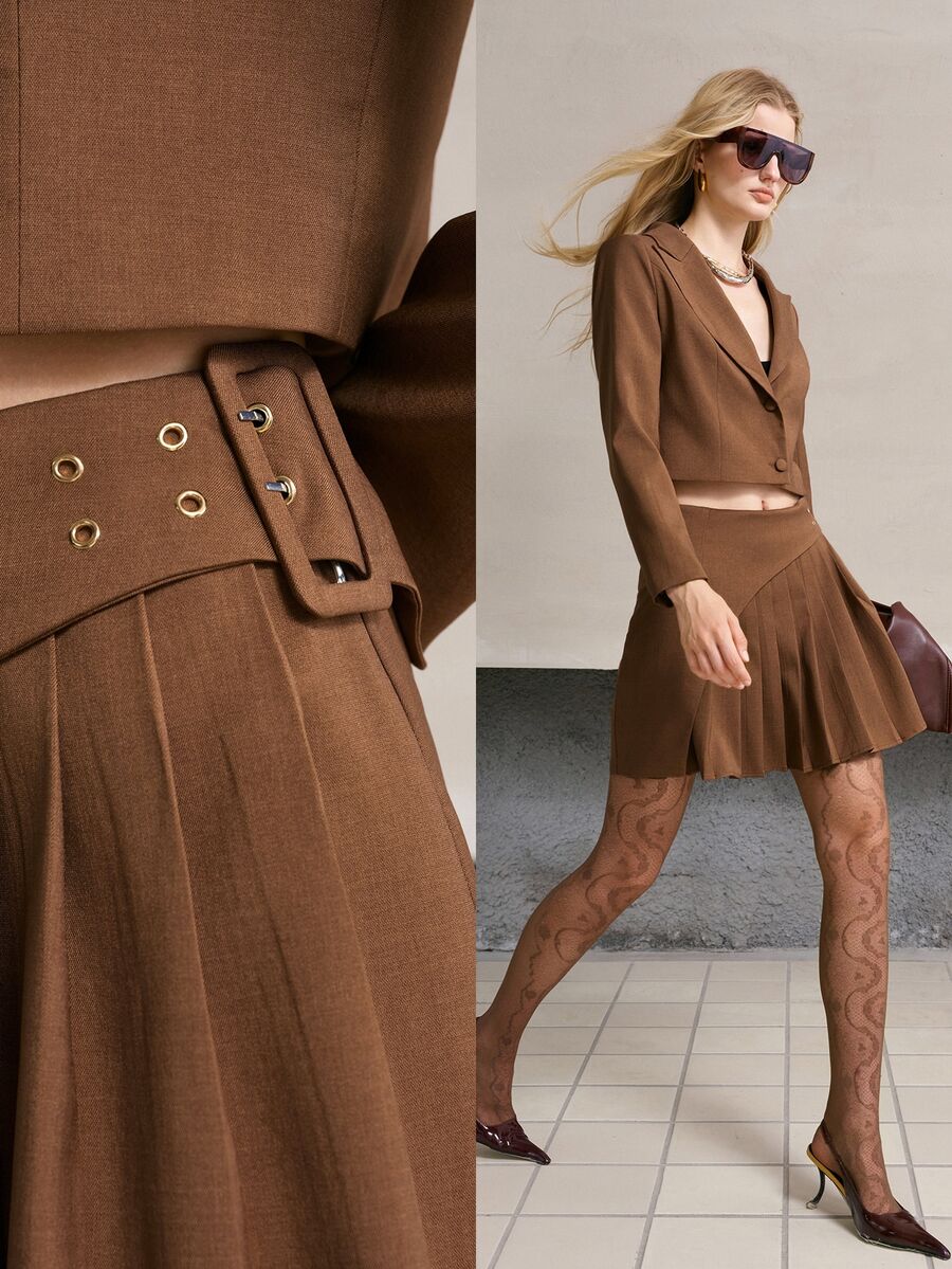 MOTF PREMIUM WOMEN'S SOLID COLOR PATCHWORK PLEATED HEM BUCKLE WAIST SKIRT WORK OFFICE SHADES OF BROWN ELEGANT - Brown - View 1