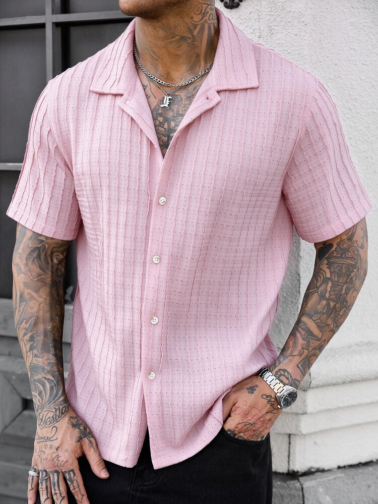Manfinity Homme Men Solid Color Dusty Pink Single-Breasted Casual Tropical Short Sleeve Shirt Vacation Summer - Pink - View 5