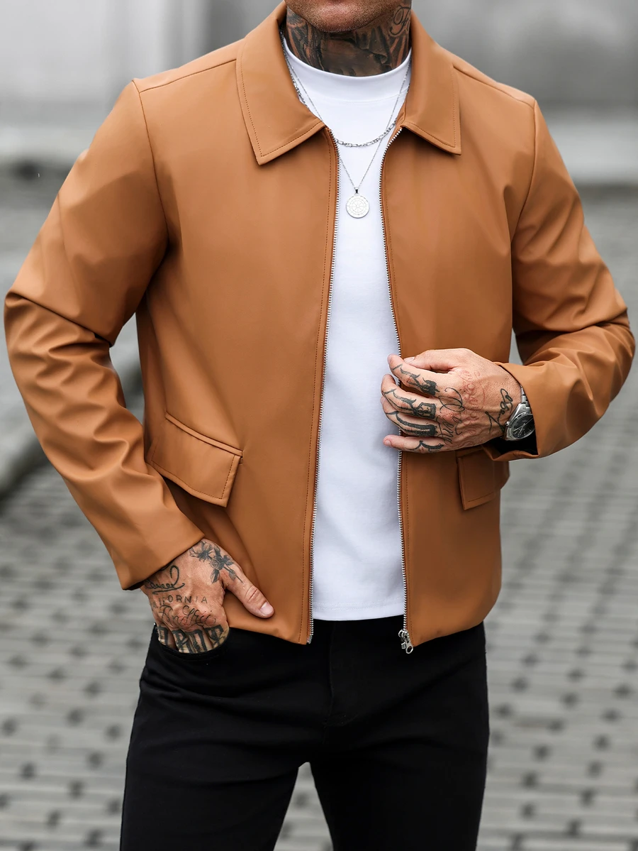 HUEFORM Men's Old Money Lined Premium Matte Leather Caramel Camel Turn-Down Collar Short Structured Casual Jacket - Camel - View 1